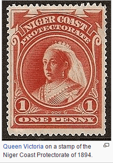 queen victoria on a stamp of the nigeria coast protectorate of 1894.